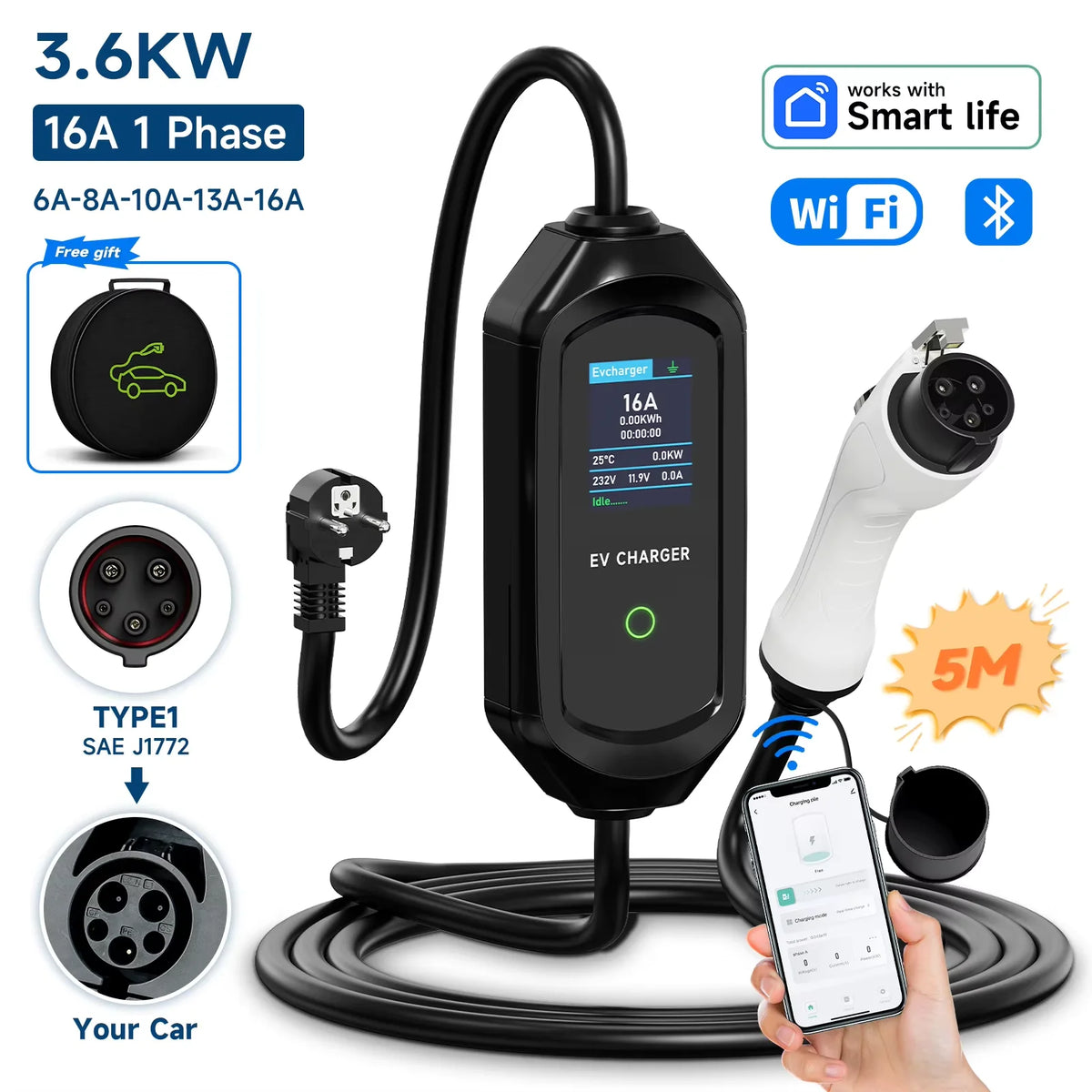AFYEEV 3600W Portable Type1 SAE J1772 EV Charger GBT Electric Car Charger EVSE Charging Cable EU Plug WiFi Bluetooth APP Control