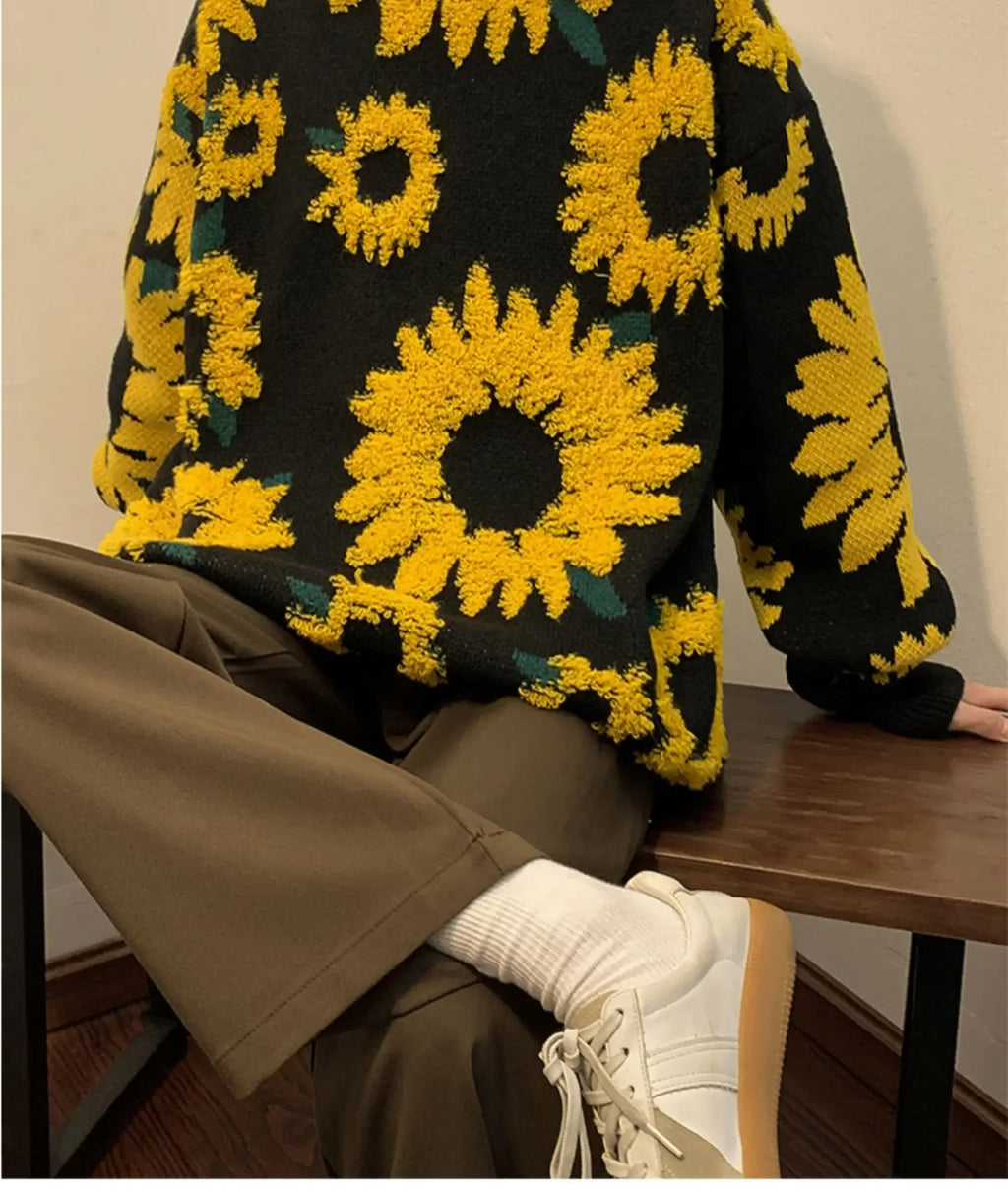 Flocking Floral Sweaters Men Baggy Spring Autumn Japanese Style Retro   High Street Harajuku Knitwear Slouchy Ins