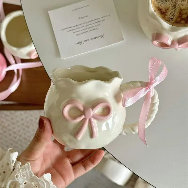 Thickened Cream White Mug Cute Bow Cartoon Ceramic Cup with Handle Milk Cup Coffee Cup Modern Simple Universal Water Cups