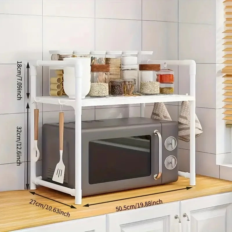 Microwave Oven Rack 2‑Tier Kitchen Countertop Organizer, Heavy Duty Metal Shelf with Hooks for Spices Utensils Small Appliances