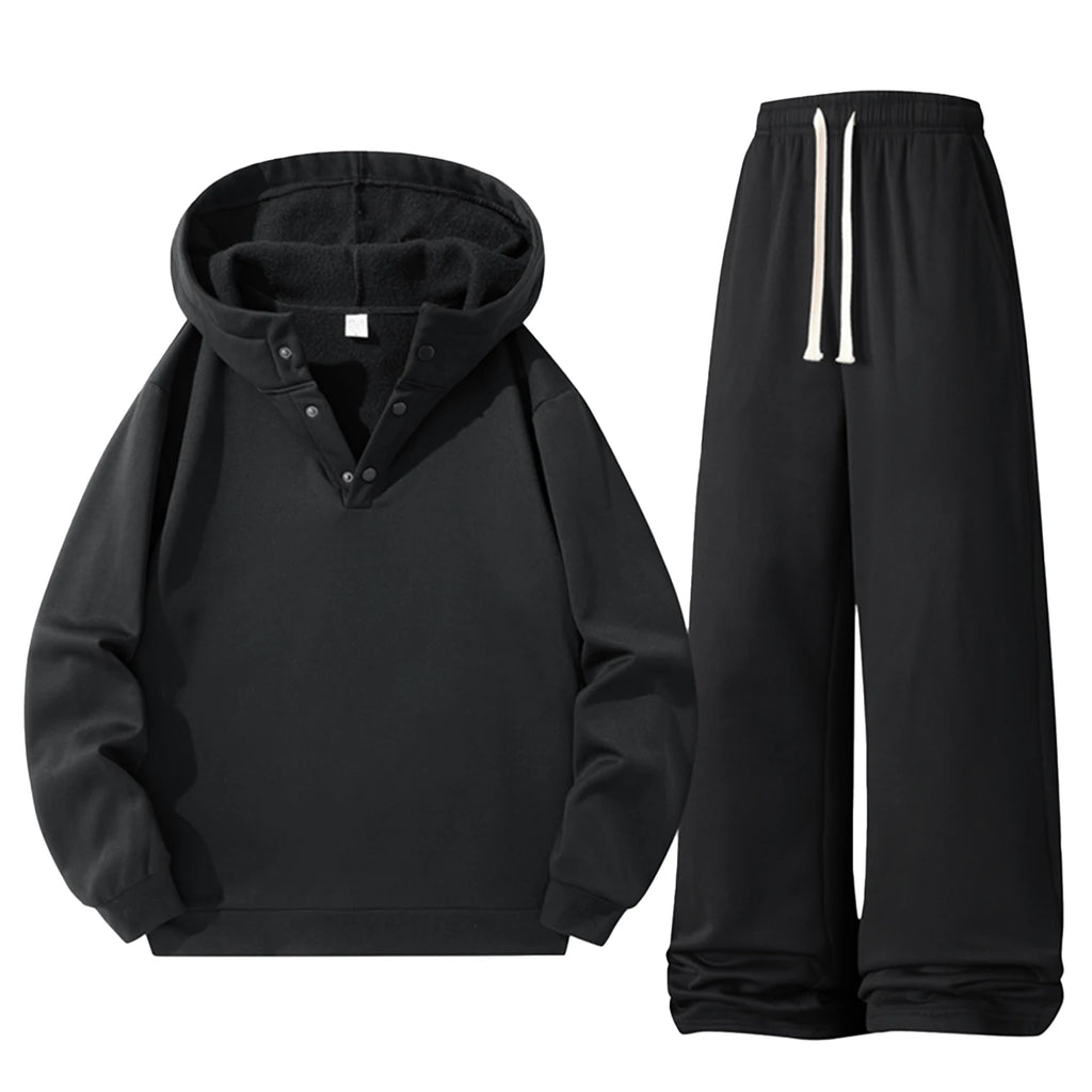 Men Fleece Lined Tracksuit 2‑Piece Set Henley Button Hoodie Sweatshirt Wide Leg Sweatpants Casual Warm Outfit 3 Colors Available