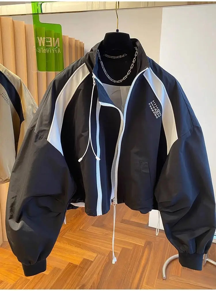 Color-Blocked Loose Casual Stand Up Collar Trench Coat Women's Spring Autumn Patchwork Short Jacket Double Zipper Outwear