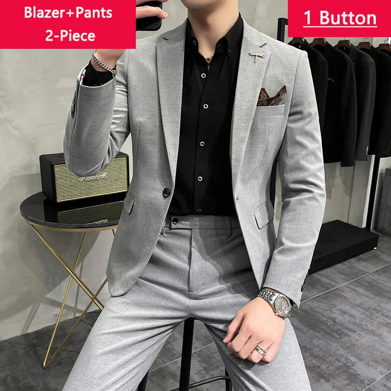 Blazer Vest Pants Men's Navy Blue Suit Set Slim Fit Blazer Vest Pants Formal Outfit for Business Wedding Office Groom Party