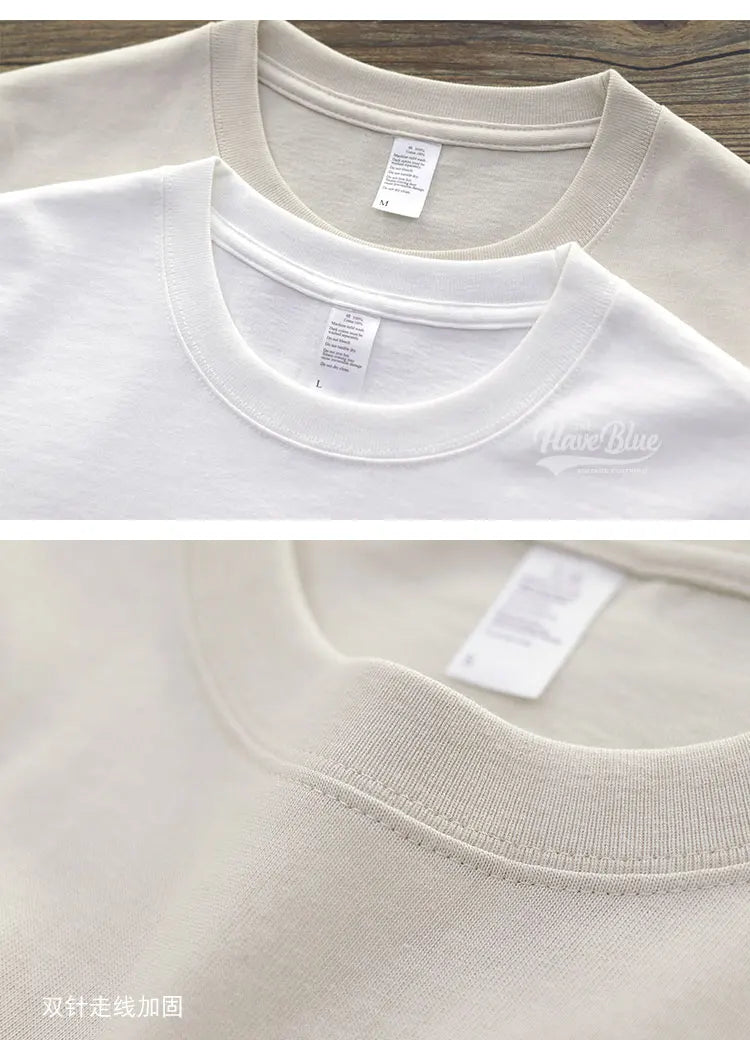 Have Blue Pure Cotton Base Shirt Solid Color T-Shirt American Retro Round Neck Short Sleeve Heavyweight T-Shirt for Men