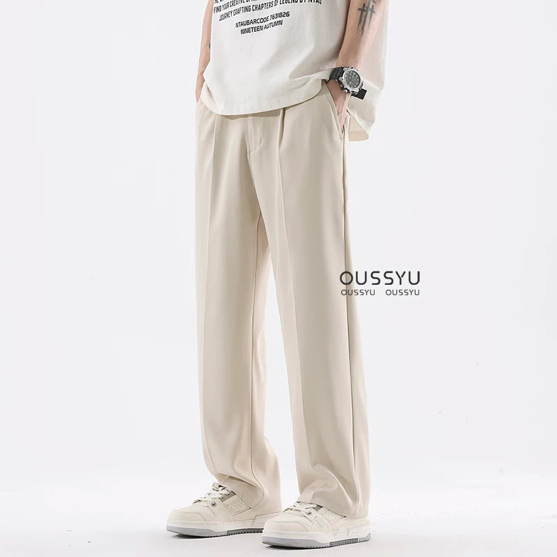 Spring Summer Smooth Casual Pants Men Business Elastic Waist Black Grey Khaki Suit Trousers Male Work Office Plus Size S-5XL