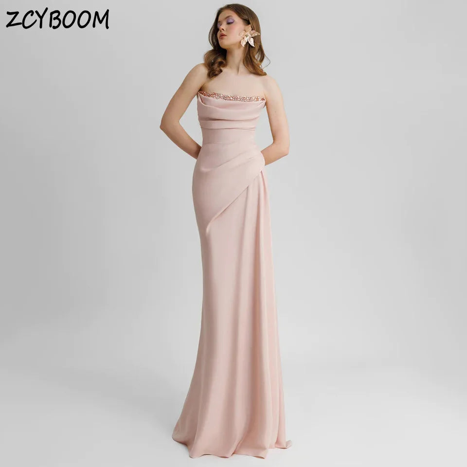 Elegant Pink Backless Strapless Crystal Sleeveless Evening Dress 2026 Mermaid Floor Length Sweep Train Stain Zipper Prom Dress