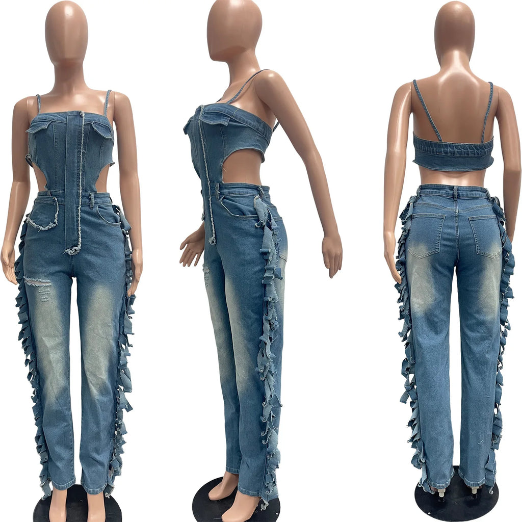 Hollow Out Tassel Jeans Jumpsuit Sexy Women Spaghetti Strap Elegant Streetwear Denim Pencil Overalls Romper