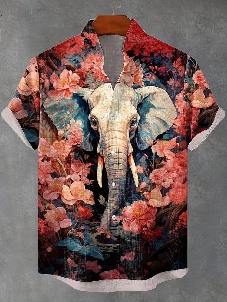 Men's new retro linen short sleeved shirt with giant monster pattern printed casual and comfortable button top