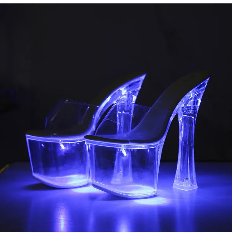 Glowing Crystal High Heels 17cm Nightclub Shoes Sexy Transparent Waterproof Platform Showgirl Stiletto Women's Sandals