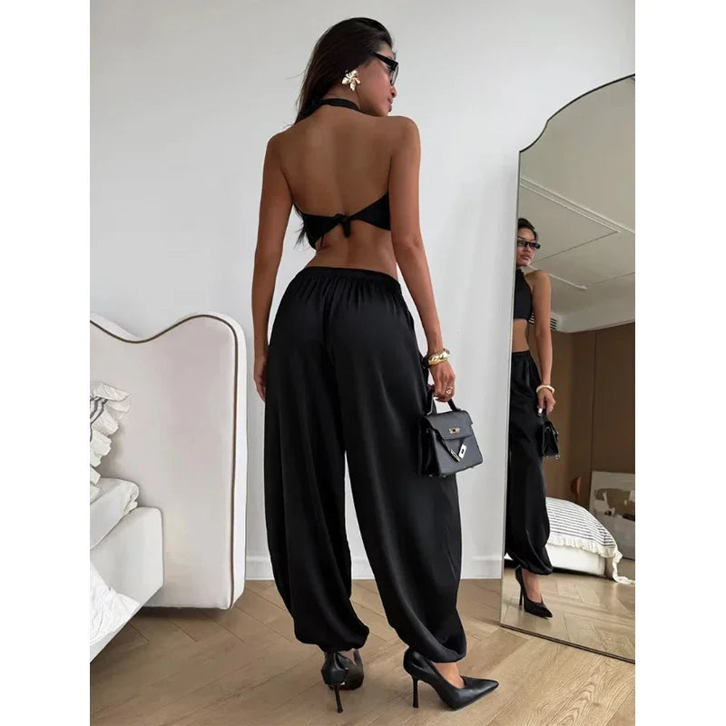 Solid Drapey Satin Loose Harem Pants Women Casual Elastic Waist Drawstring Design Long Pant 2026 Lady Commute Versatile Wear New