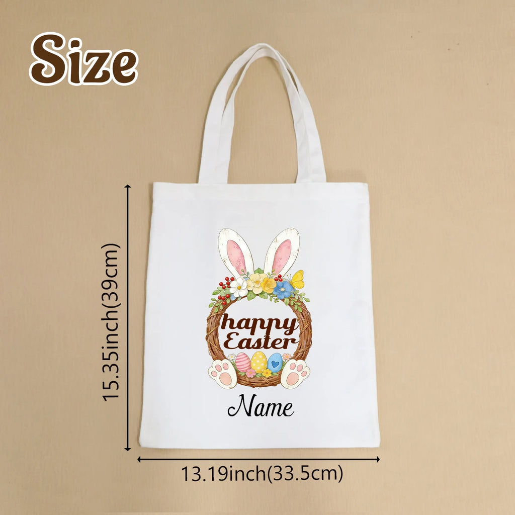 Custom Easter Tote Bag With Bunny And Floral Design, Personalized Name Shoulder Handbag For Spring Celebrations,