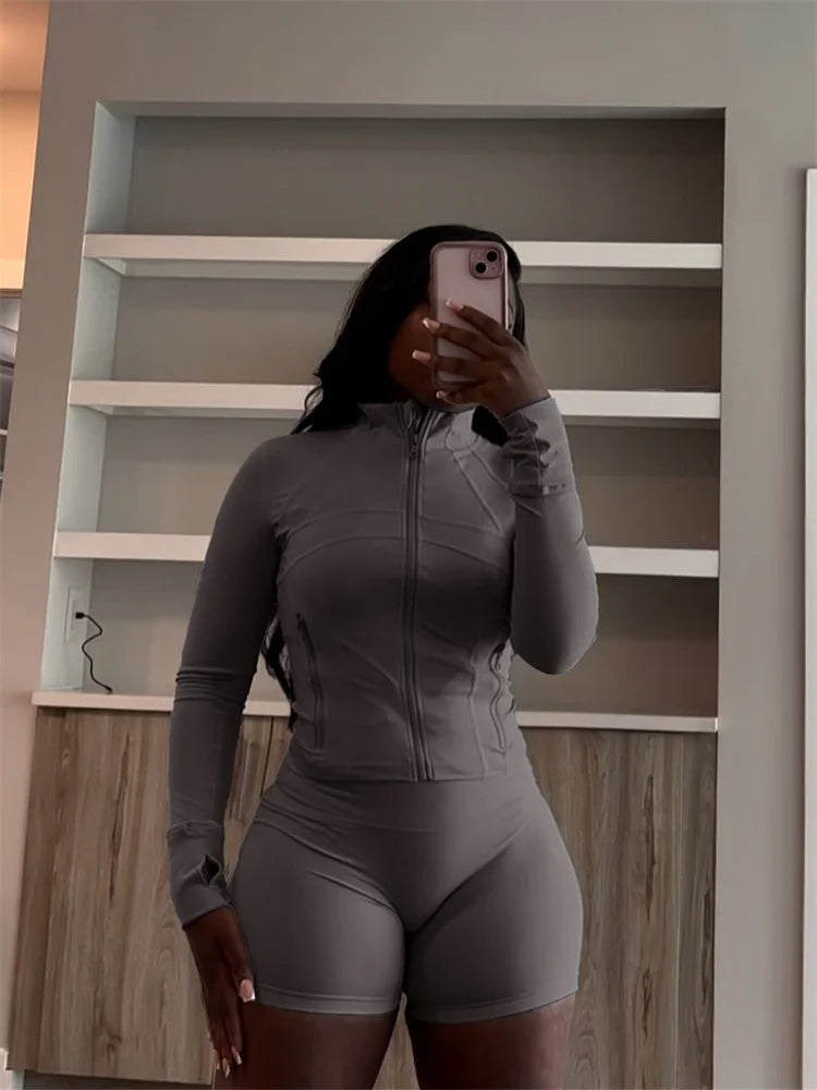 Fall Siold Bodycon Zipper Crop Top Women Tracksuits Sets+Trousers Women Black Gray 2 Two Pieces Matching Leggings Shorts Suits