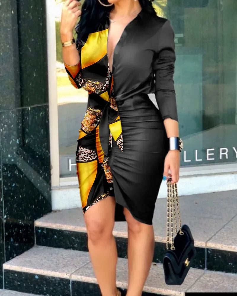 Summer Autumn New Elegant Ladies's Dress 2024 V-neck Strap Solid Color Elastic Waist Bag Hip Printed Long Sleeve Shirt Dress