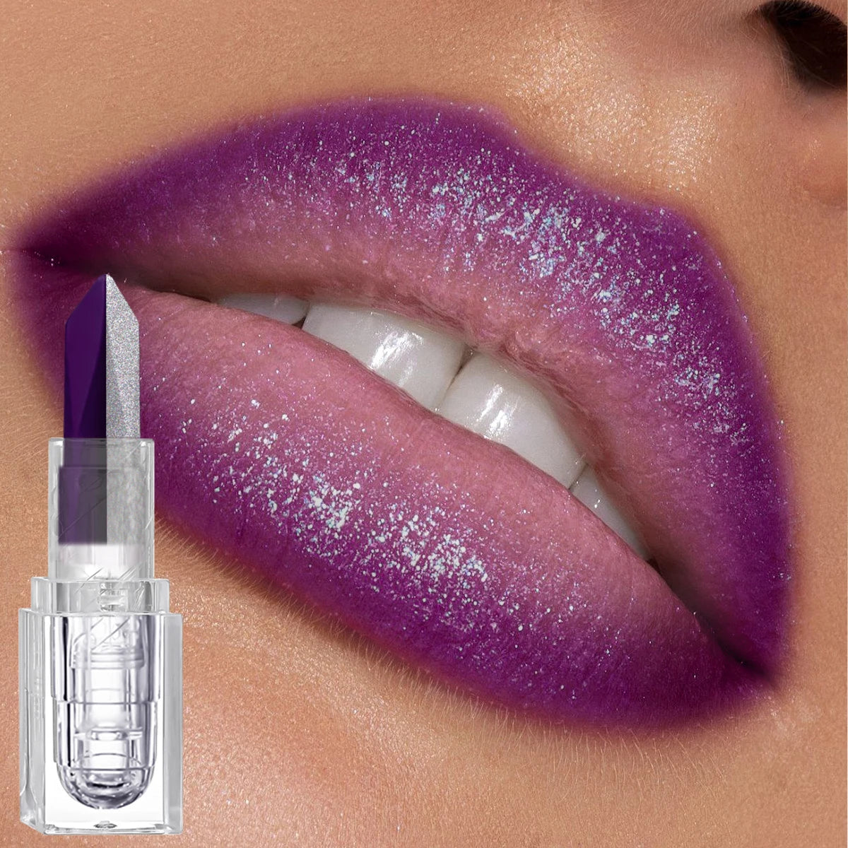Halloween Purple Silver Two‑Tone Glitter Lipstick Transparent Square Tube Sparkly Shiny Lips Cosplay Stage Makeup