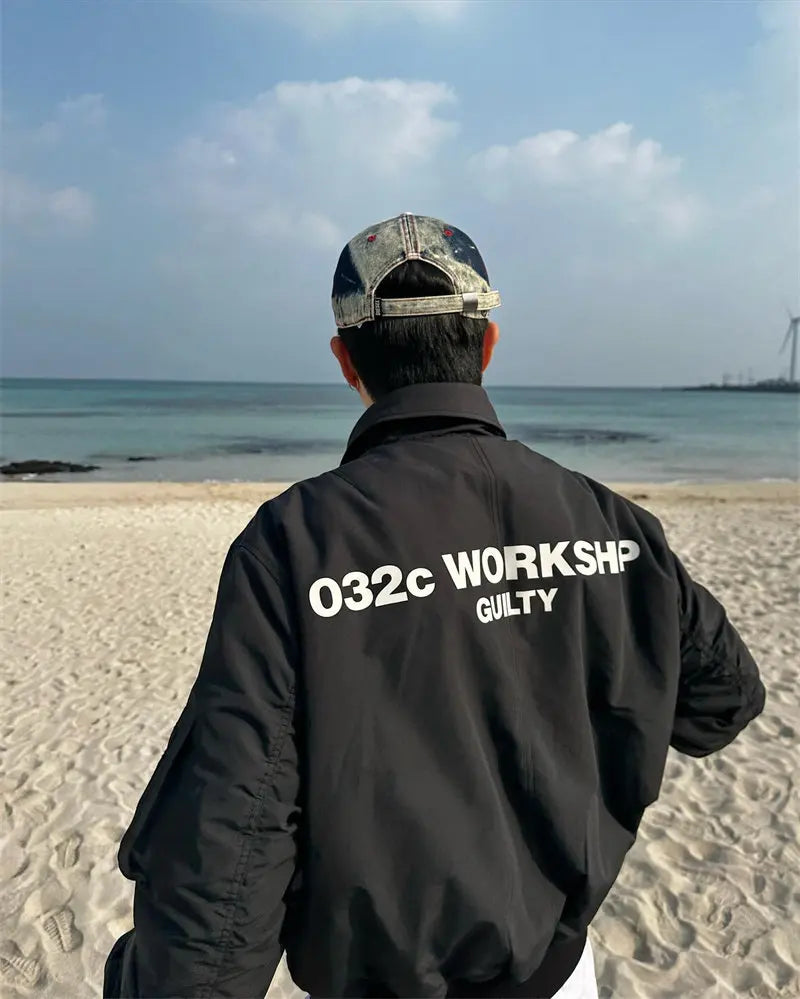 032C black silhouette short wide bomber zip multi pocket jacket
