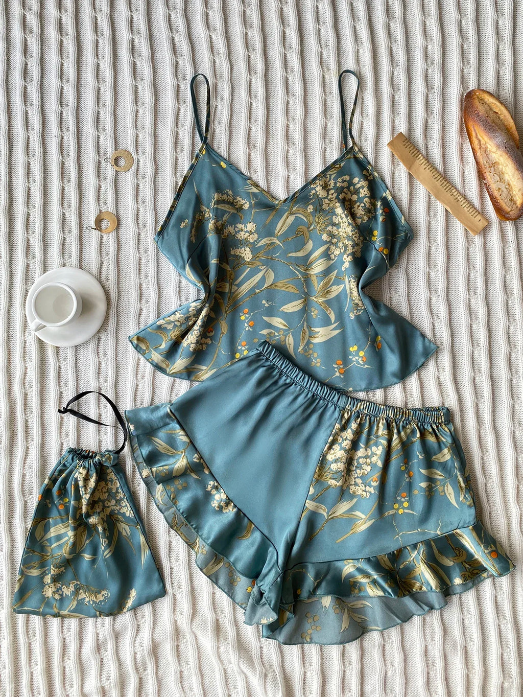Summer Elegant  Print Cami Tops Ruffle Hem Shorts Pajama Set  Women's Sleepwear V Neck Strap Loungewear