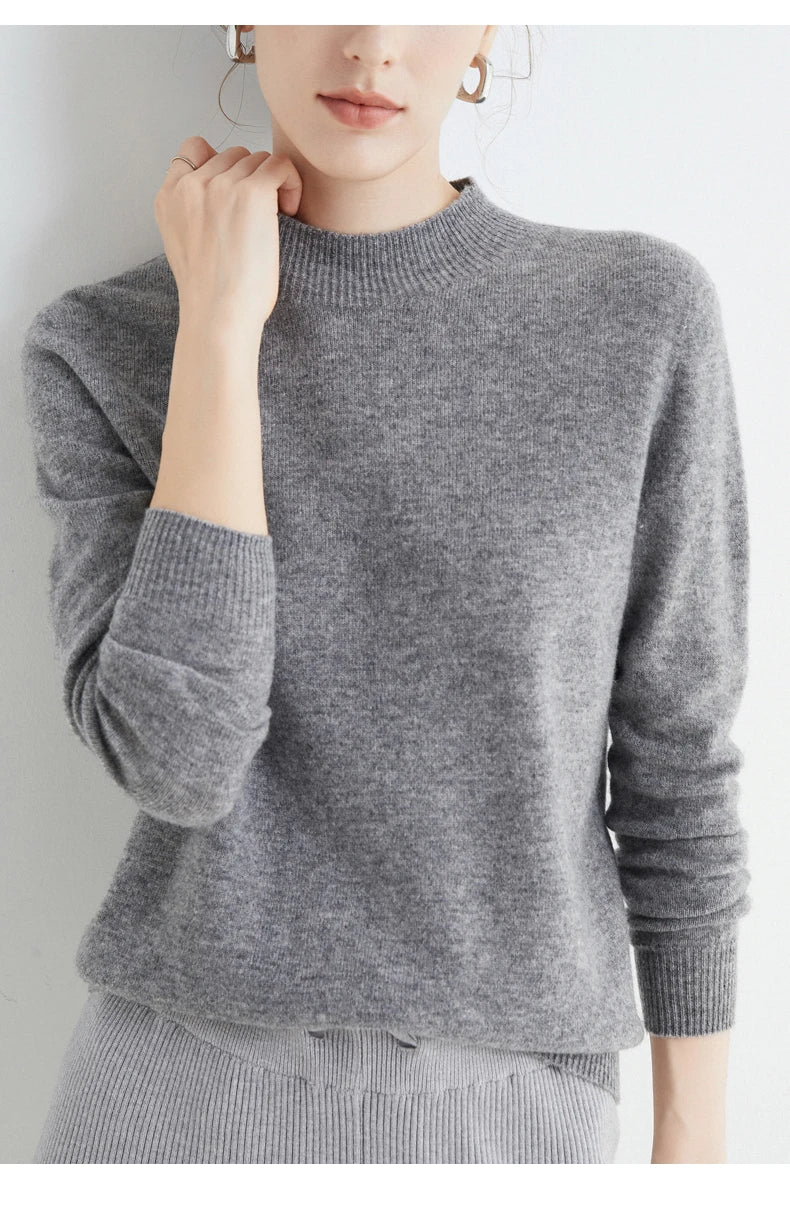 First-Line Seamless Women's Half-Turtleneck 100% Pure Wool Sweater Solid Color Long Sleeve Pullover Knitted Bottoming Sweater