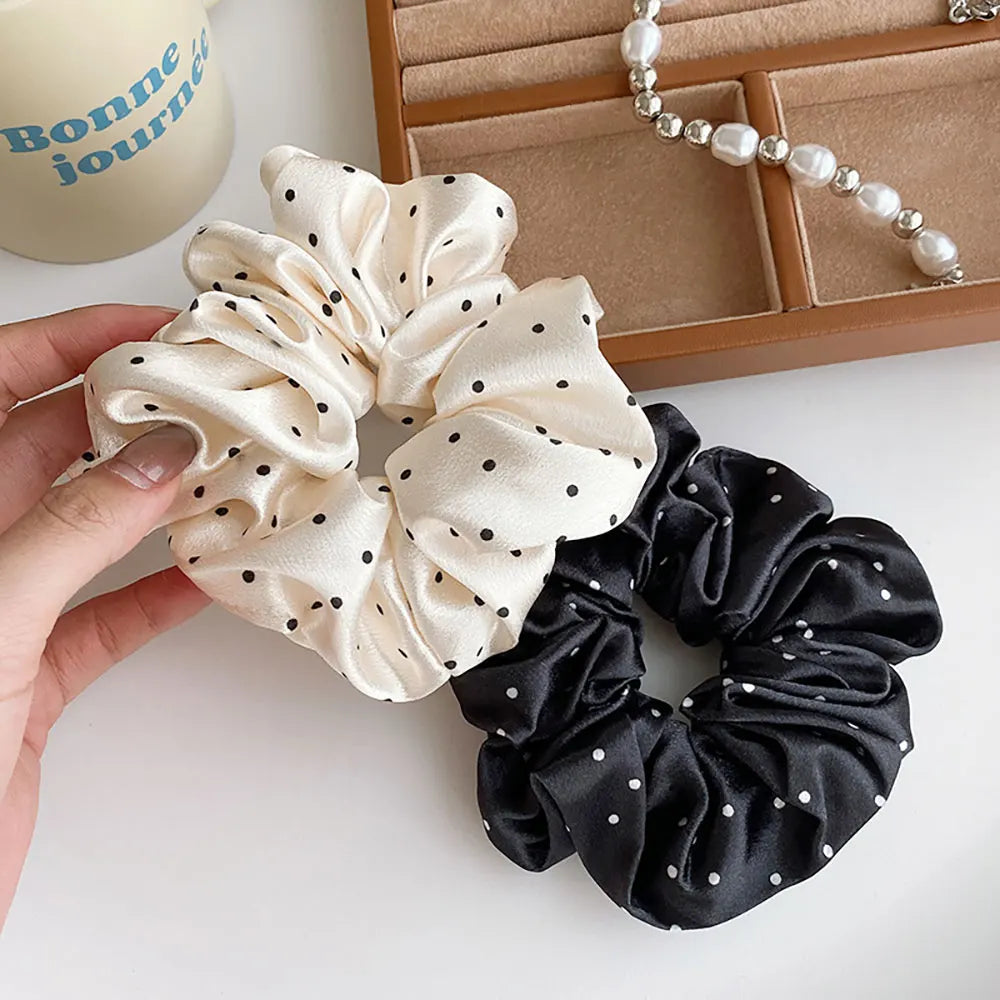 1Pcs Silk Scrunchies For Hair Simulation Silk Polka Dot Large Intestine Hair Ring Gentle Retro Head Rope Hair Ring Hair Accessor