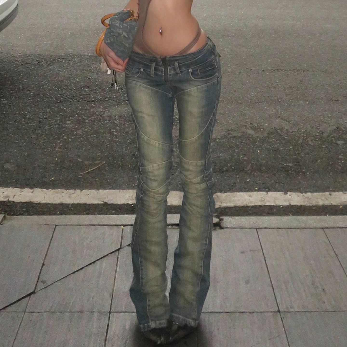SUCHCUTE Fashion Vintage Low-Waisted Jeans for Women Y2K Streetwear Slim Denim Pants Retro Grunge Skinny Jeans All Match Clothes