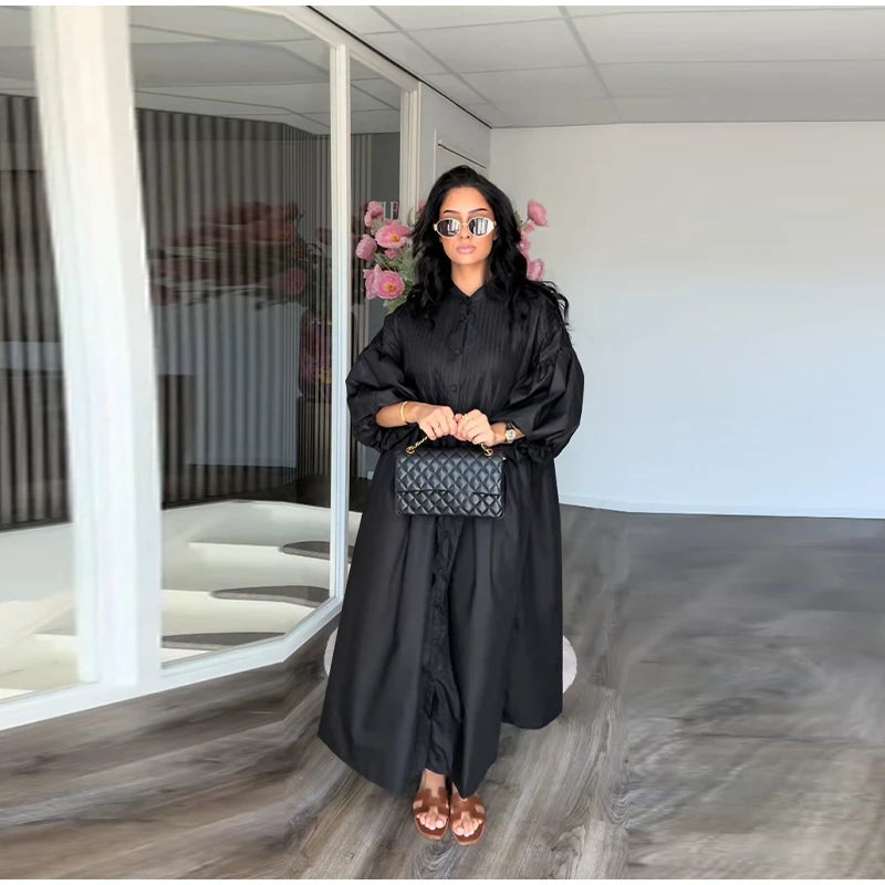 Solid Color Loose Fit Flare Sleeve Tiered Dress Crew Neck Ruffle Hem Pleated Long Maxi Dresses 2026 Spring Chic Casual Outwear