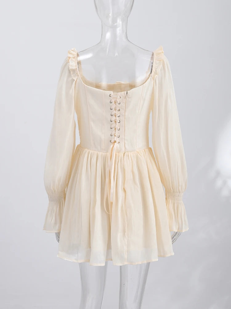 Elegant Square Neck Dress Women's Corset Mini Dress Ruffle Trim Long Sheer Puff Sleeves Romantic Party Dresses Woman Clothes
