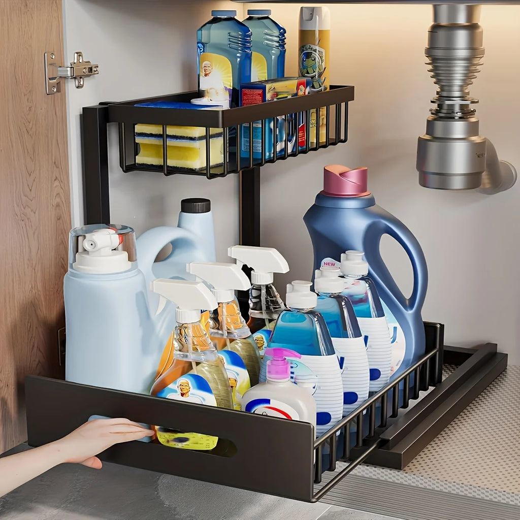Under Sink Sliding Drawer Organizer - Metal Storage Rack with Pull-Out Shelves - Multi-Room Kitchen Bathroom Cabinet Organizer