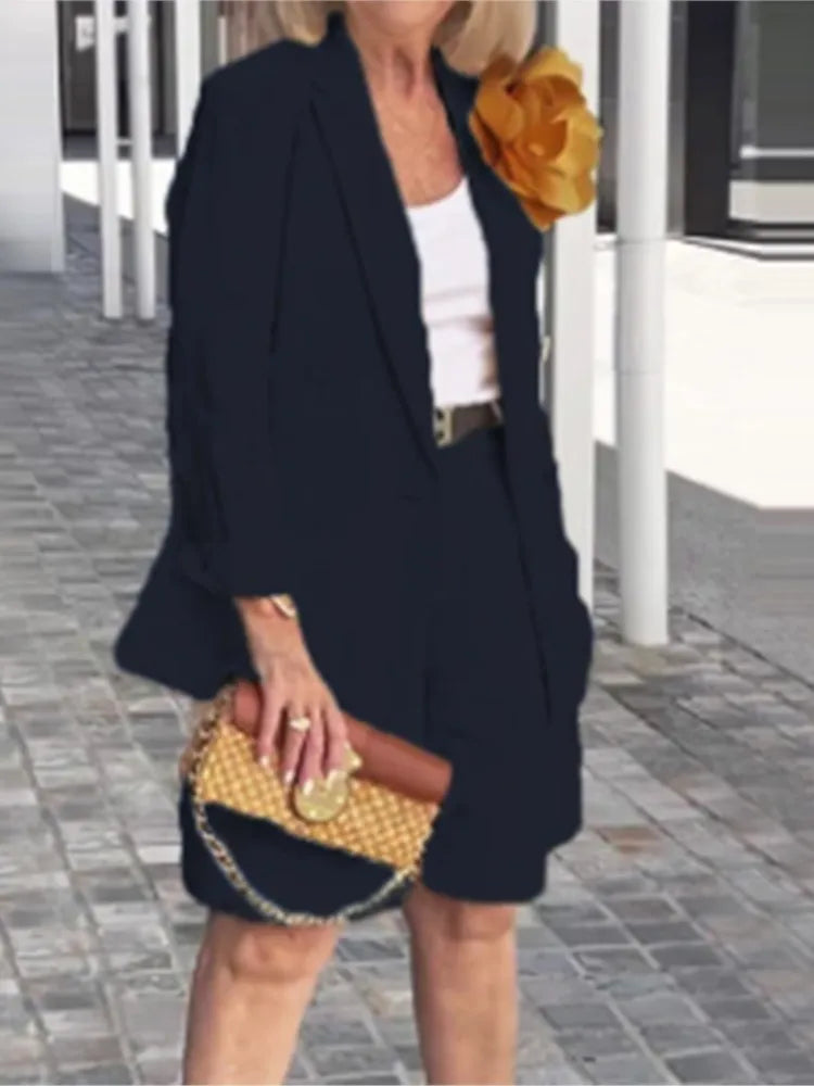 Summer New Solid Color Long Sleeve Shorts For Women's Suit Set Stylish Cardigan Female Office Suit 2 Piece Set