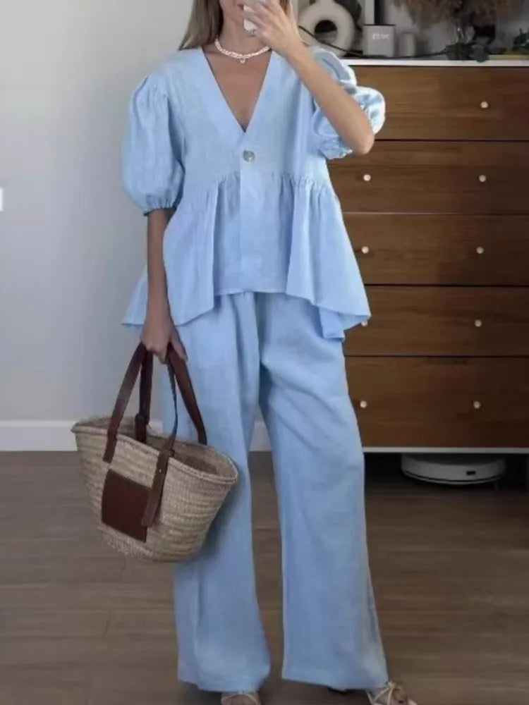 Elegant Solid 2 Piece Sets Women New Fashion Puff Short Sleeve V-Neck Button Top Wide Leg Pants Suit Casual Streetwear Outfit