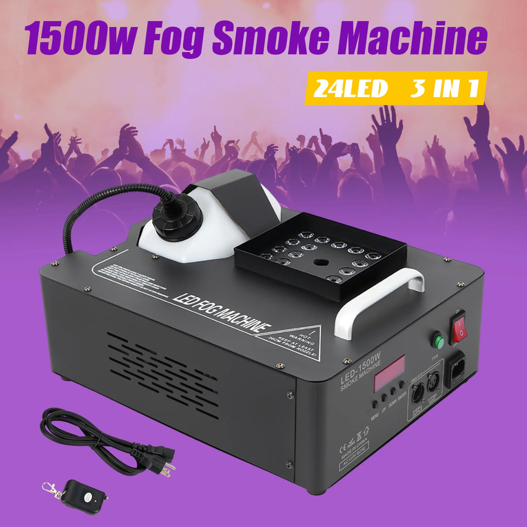 24led 1500w Column Smoke Generator 3-in-1 with Built-In Power Adapter 16.54*12.6*9.45 in Fog Smoke Machine with Remote Control Seven Light Colors 0.53 Gal Oil Tank for Wedding Haunted Houses Halloween Parties Christmas Clubs