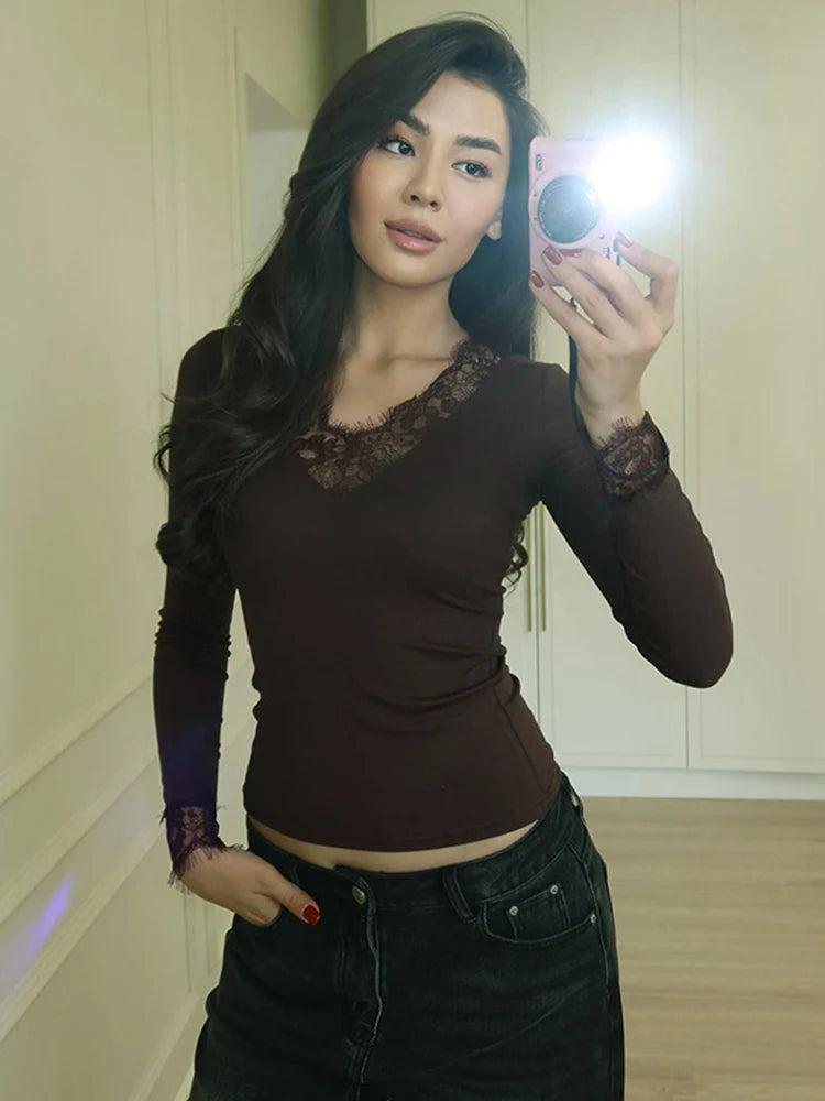 Women's V-neck Lace Splicing Top European American Style Casual Wear Autumn New Waist Exposed Fashionable Umbilical
