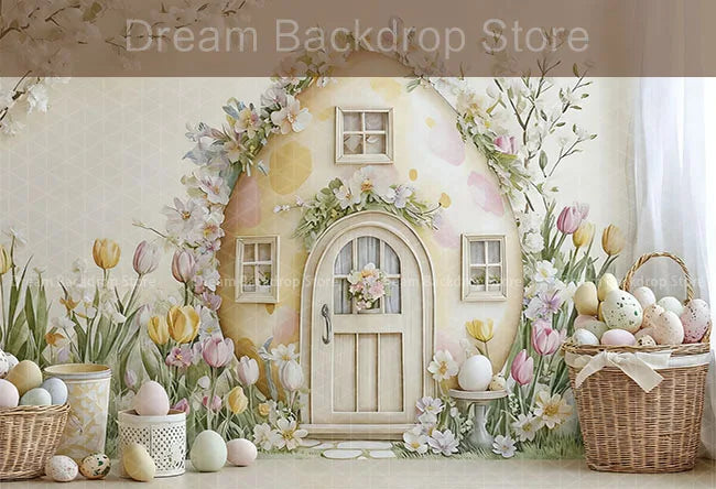 Spring Easter Background Photography Cute Rabbit Carrot Bunny Egg House Backdrop Decor for Kids Birthday Cake Smash Photo Studio
