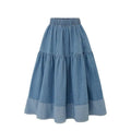Blue Denim Skirt Womens High Waist Tiered Long Skirts Denim Elastic Casual Dress Elastic Waist A Line Jeans Skirt Girls Clothes