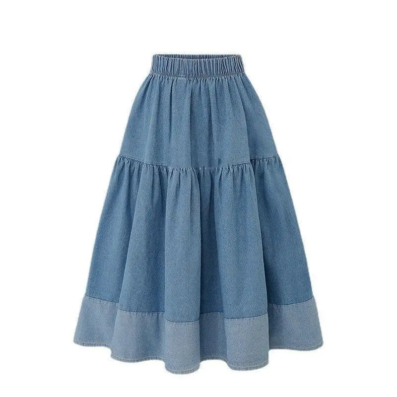 Blue Denim Skirt Womens High Waist Tiered Long Skirts Denim Elastic Casual Dress Elastic Waist A Line Jeans Skirt Girls Clothes