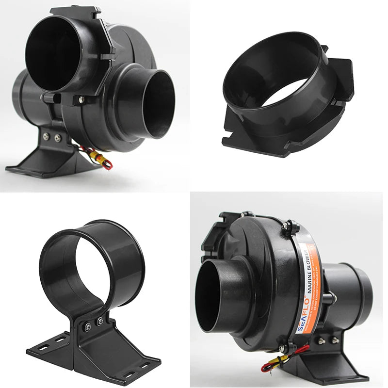 SEAFLO In-Line Bilge Air Blower 130CFM Boat Black Ventilation Marine 12V 2.5AMP Flange Flex Mount For RV Yacht
