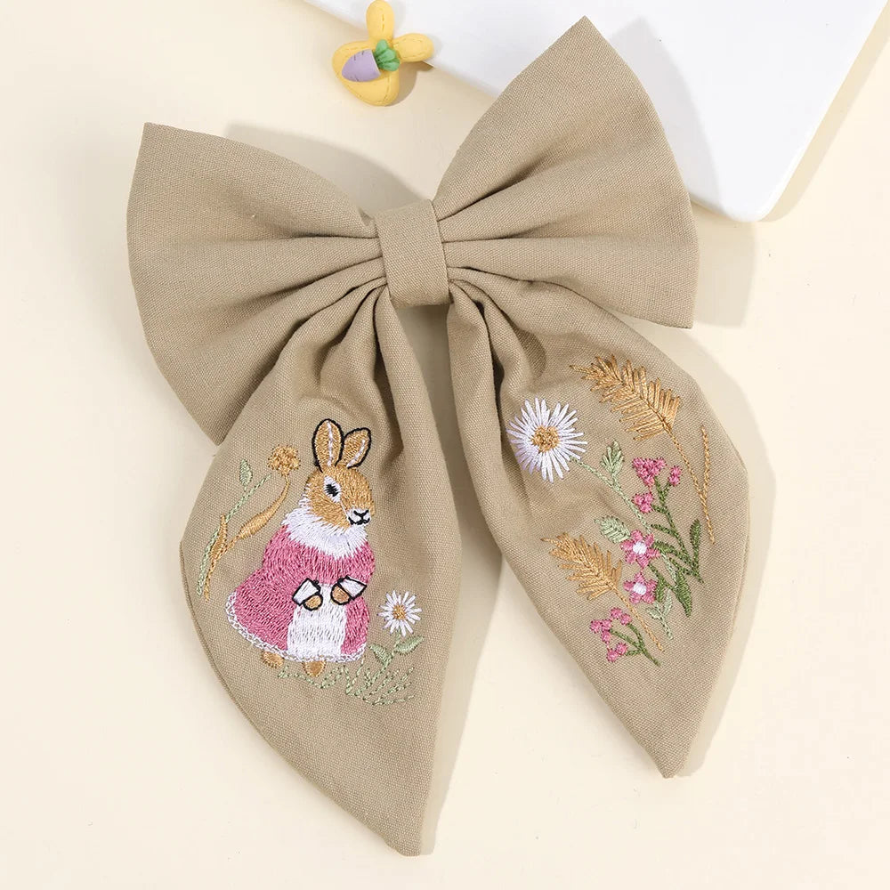 Rabbit Embroidery White Bow Hair Clip Sweet Girls Bunny Bowknot Hairpin Handmade Fabric Kids Cute Headdress Headwear Accessories