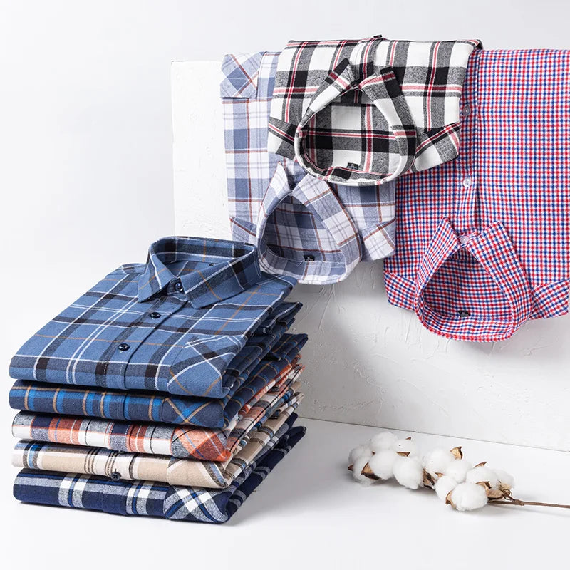 Classic Retro Plaid Flannel Shirt Long Sleeve 100% Cotton Fashion Casual Soft Spring Autumn Winter Standard Pocket Men's Shirt