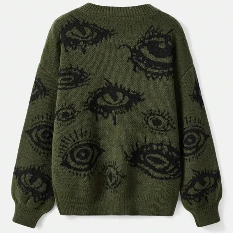 Y2K Eyes Crochet Knitted Sweaters Mens Vintage Crew Neck Long Sleeve Knit Jumper Top Men Spring Autumn Casual Loose Sweater Male