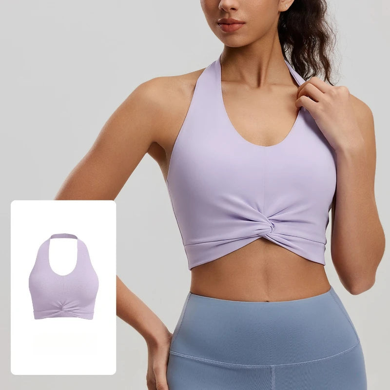 2026 NEW Women's High Elastic Breathable Yoga Vest Neck Back Sports Underwear Double-Sided Brocade with Detachable Chest Pad