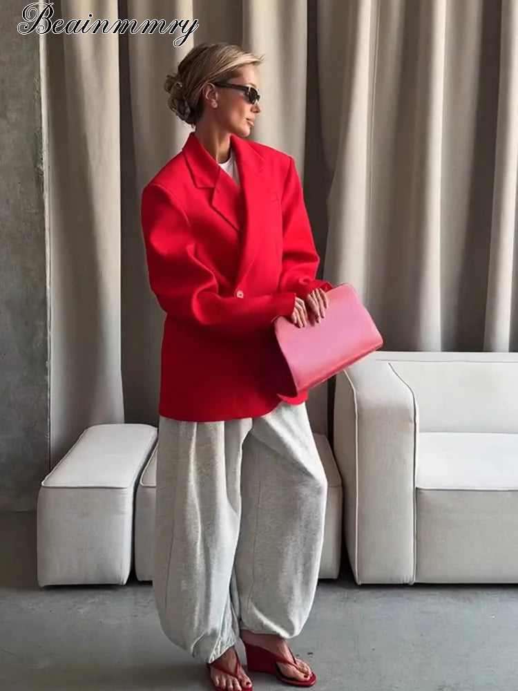 Women Red Fashion Blazer Jacket Lapel Collar Single Button Long Sleeve Loose Casual Coats Oversized Autumn Winter Street Outwear
