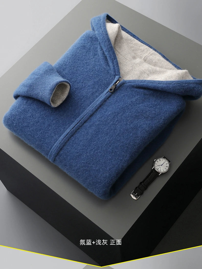 New Men's 100% Merino Wool Double Sided Wearable Hooded Sweater Casual Autumn Winter Coat Long Sleeved Men's Wool Sweater Tops