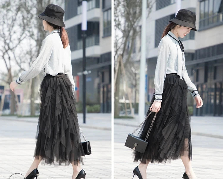 Tutu Tulle Long Maxi Skirt Women Fashion Korean Cute Pink High Waist Pleated Skirt Mesh Female Lady Aesthetic Faldas