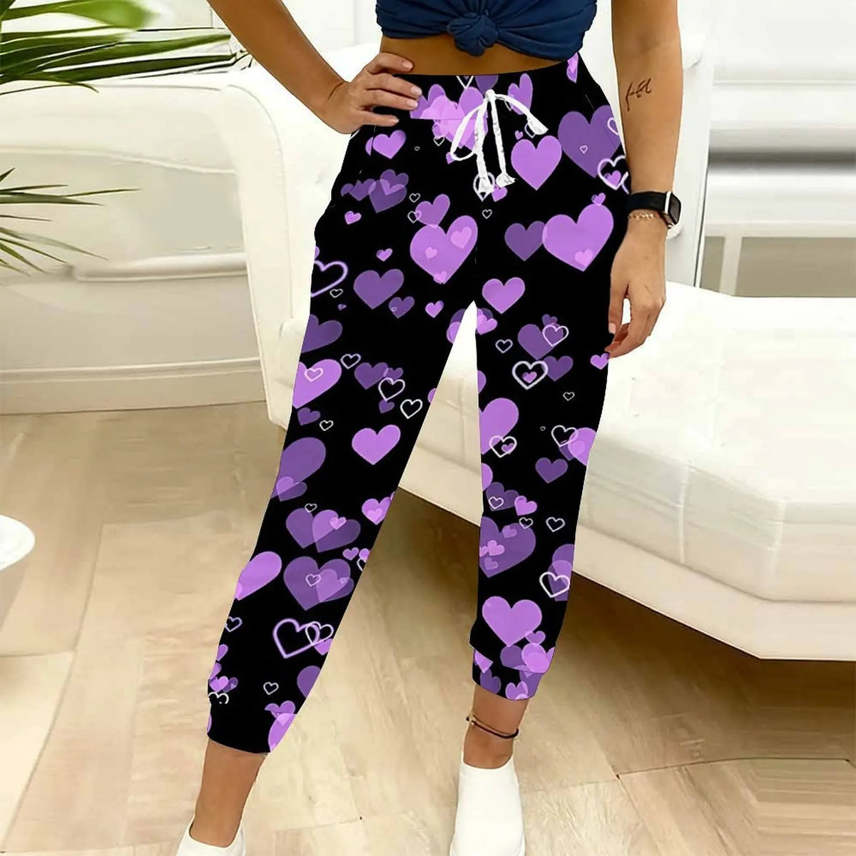 Autumn Winter Women's Printed Ninth Pants Drawstring Pocket Sjogging Pants Vacation Casual Pants