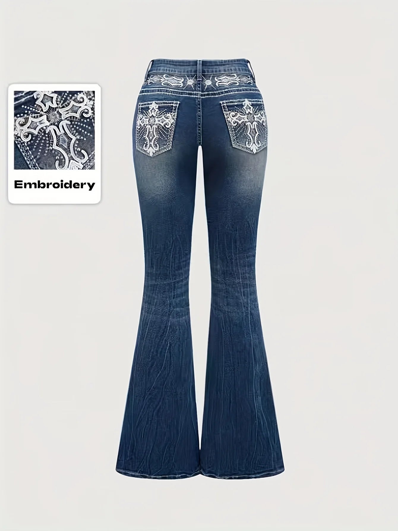 Denim Pant Women Bootcut Jeans Embroidery Vintage Washed Mid Waist Straight Trousers Slim Fit Y2k Streetwear Work Casual Summer