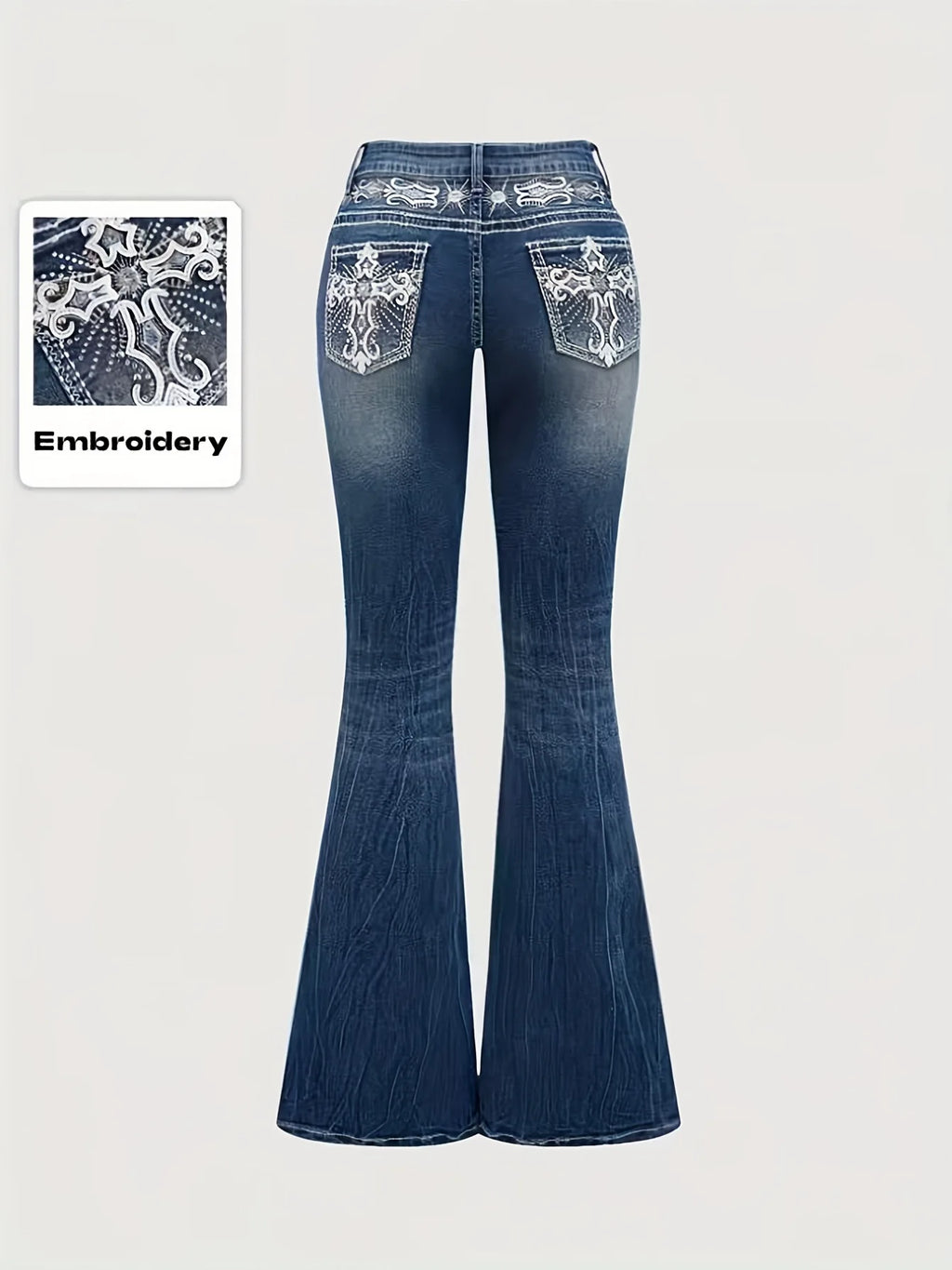 Denim Pant Women Bootcut Jeans Embroidery Vintage Washed Mid Waist Straight Trousers Slim Fit Y2k Streetwear Work Casual Summer