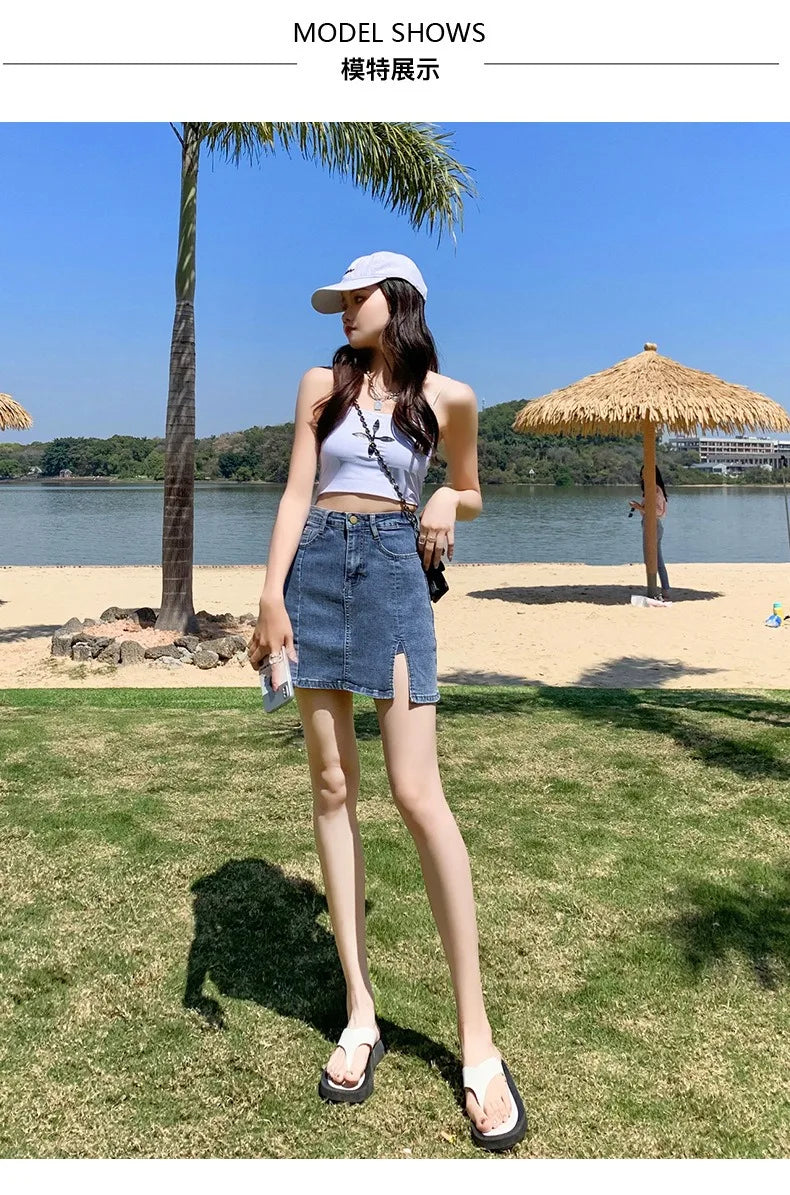 Denim Short Skirt Women's New Summer High Waist Split Half Body Retro Wrapped Hip Skirt  A-line Pant Skirt