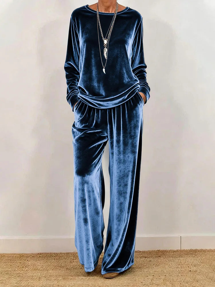 2026 Women Spring Autumn Velvet Two Piece Suit Fashion Solid Color O-Neck Top+Wide Leg Pants Set Ladies Loose Comfortable Outfit