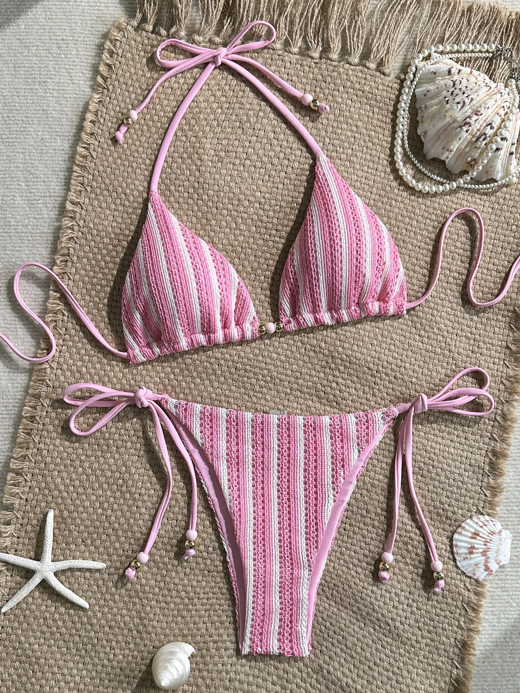 2026 Summer Women's Striped Knitted Solid Color Bikini Set Sexy Fashion Beach Vacation Bandage Swimsuit
