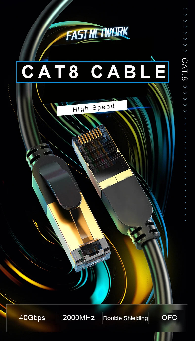 Cat 8 Ethernet Round Cable LAN Network Cat8 Rj45 Speed Network Cable 40Gbps Flat Cable 2000Mhz 26AWG For Router Pc Ps4 Tv Laptop
