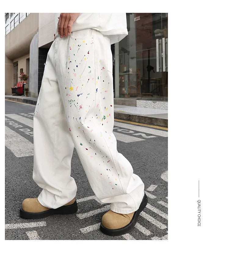 Men's Color Ink White Denim Jeans Cityboy Streetwear Fashion Hip Hop Loose Casual Wide Leg Baggy Jeans Y2k Pants