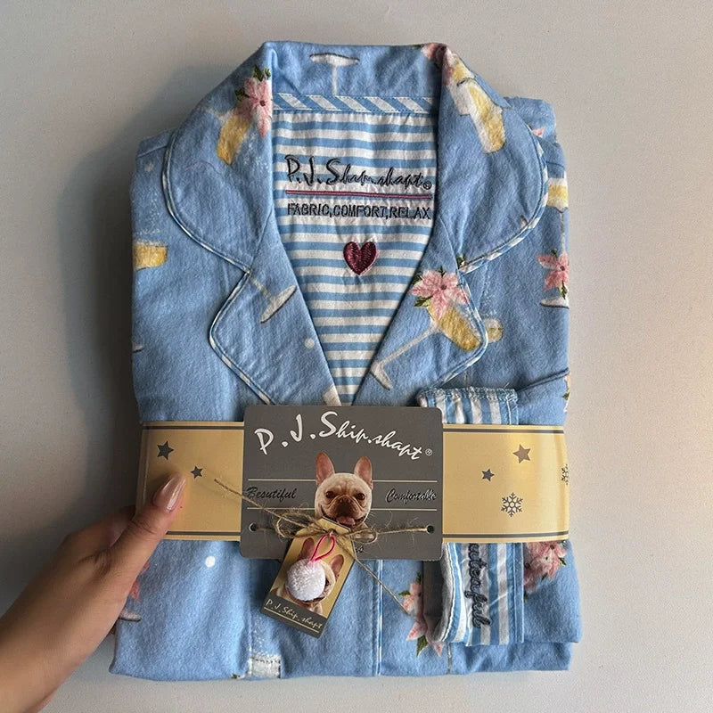 Women's Pajamas Set Cute Cartoon Print Sleepwear Elegant Top&pants 2Pcs Soft Cotton Pyjama Pour Femme Nightwear Loungewear